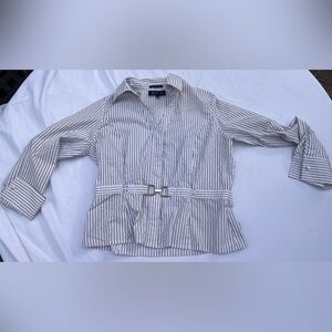 Jones New York | Women’s Black White Striped Button Down Shirt W/ Belt | Size L